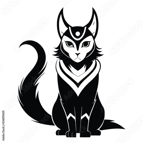 Elegant Black and White Illustration of a Cat with Intricate Tribal Markings, Depicting Mystique and Feline Grace