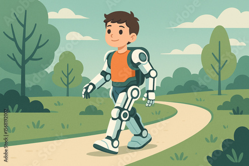 Young Boy Walking with Robotic Exoskeleton in Park – Futuristic Vector Illustration