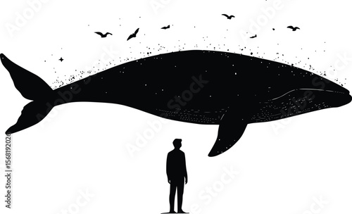 Serene vector illustration: Man gazing at colossal whale silhouette.