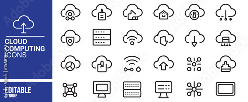 Black Line Art Cloud Services and Technology Icons for Digital and Print Design