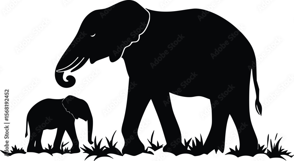 Fototapeta premium Elegant vector silhouette: mother elephant and calf in grass