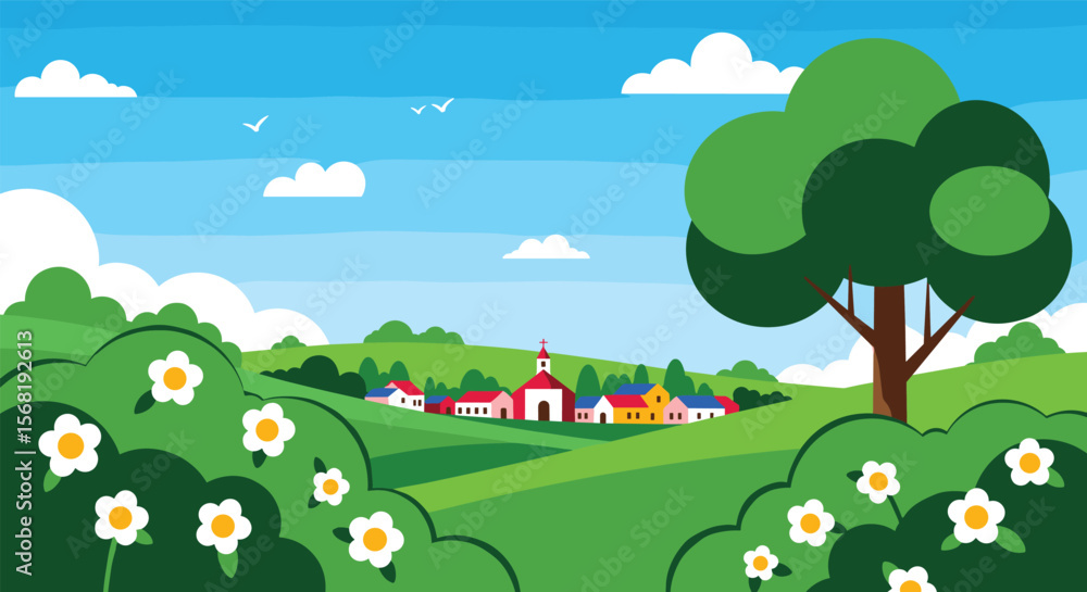Fototapeta premium Charming Pixelated Countryside Village Scene with Rolling Hills and Blossoming Flowers Under a Bright Blue Sky