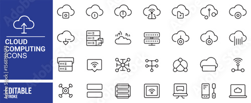 Clean Line Art Cloud Computing Icons for Online Services, Data, and Technology

