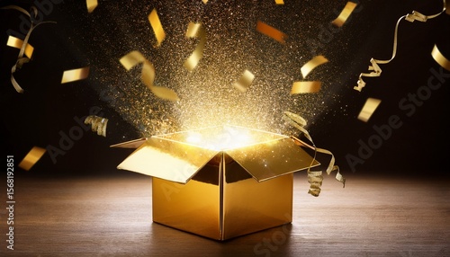 sparkling gold gift box open with confetti surprise celebration festive holiday present