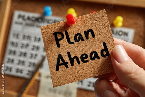 Hand Placing Sticky Note with Plan Ahead Message on Cork Board for Organization and Inspiration