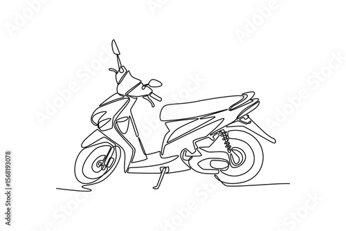 Single one line drawing side view modern urban moped motor scooter in the city. Two wheels transportation motorcycle for mobility or delivery. Continuous line draw design graphic vector illustration