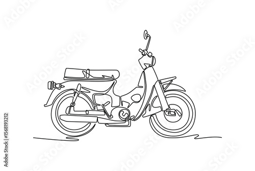 Single one line drawing side view of old retro moped motorbike on white background. Asian urban citizen motorcycle for commuting daily activity. Continuous line draw design graphic vector illustration