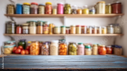 Wallpaper Mural Blurred pantry shelves, filled with jars of food, sit behind a rustic wooden table top Torontodigital.ca