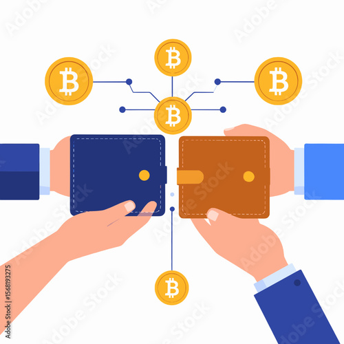 Digital Bitcoin Wallets Exchanging Cryptocurrency in a Decentralized Network on White Background Featuring Abstract Hands in Suit Sleeves