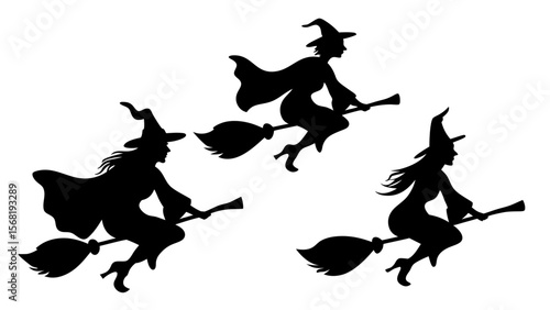 Set Of Flying Witch Silhouettes on Broomsticks