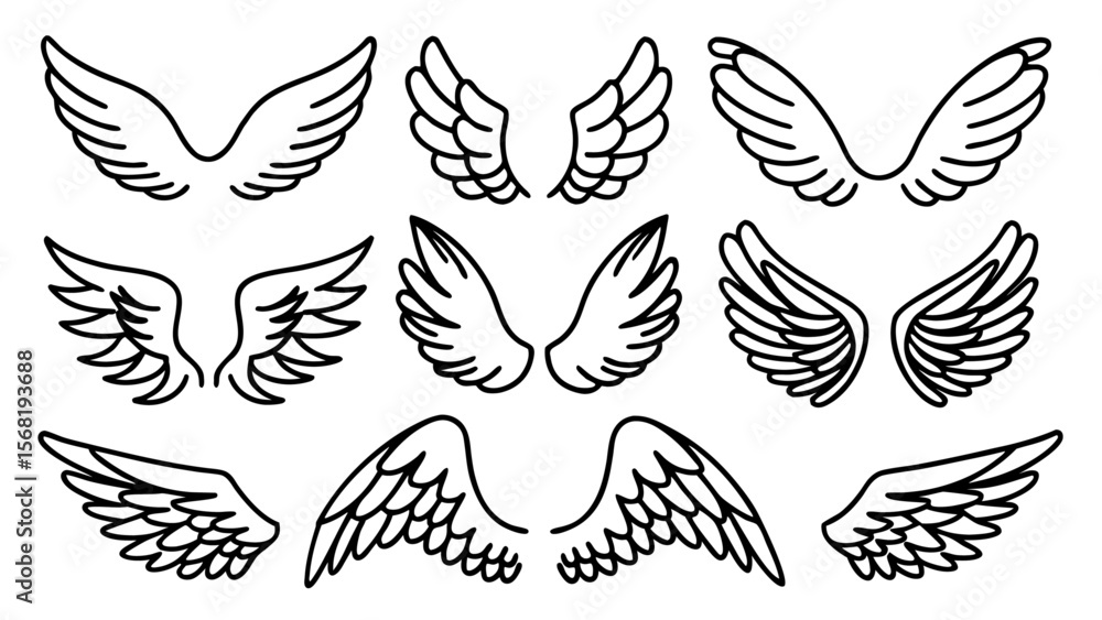 Obraz premium Angel Wings Vector Line Art Set