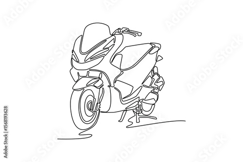 Continuous one line drawing big modern motor scooter in the outdoor city street. Two wheels transportation motorcycle for mobility or tour vacation. Single line draw design vector graphic illustration