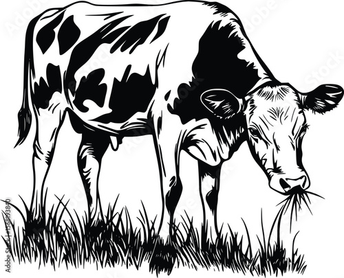 Vector illustration: Black and white calf grazing in pasture, ink style