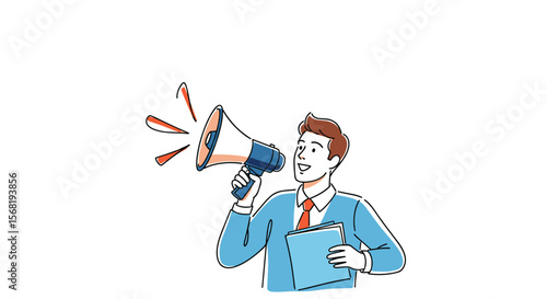 Businessman announcing important news through a megaphone holding a clipboard with enthusiasm and communication concept