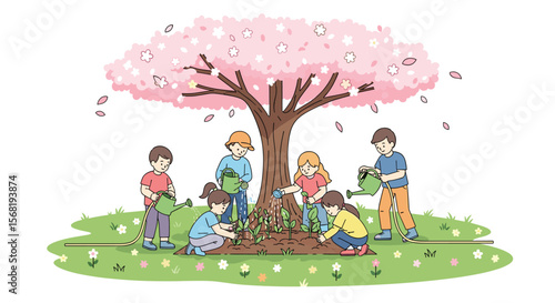 Children happily planting and watering young plants under a blooming cherry blossom tree in a park