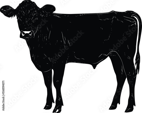 Vector illustration:  Silhouette of a young black calf, elegant style, farm animal.