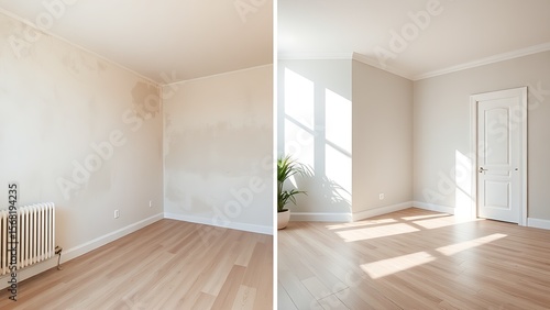 Side-by-side comparison of interior spaces, contrasting worn walls with fresh paint and new flooring.