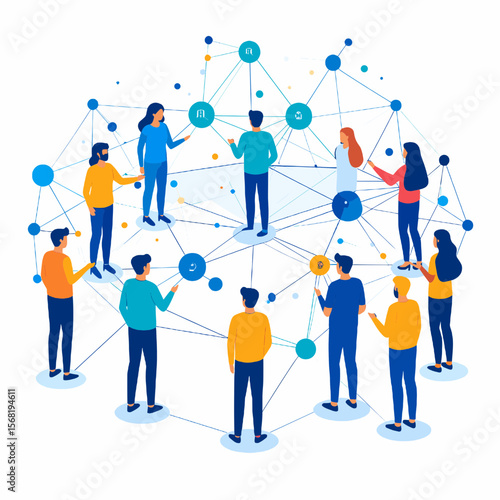 Diverse Group of People Connected By Network Nodes and Dotted Lines in a Conceptual Teamwork and Global Connectivity Illustration on White Background