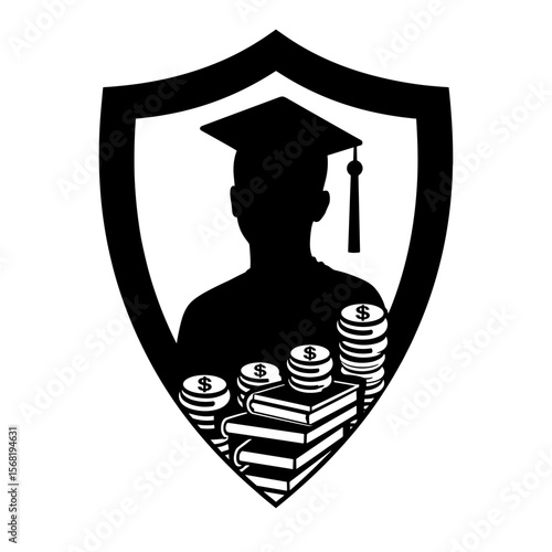 Graduate silhouette in shield with books and coins, academic financial security