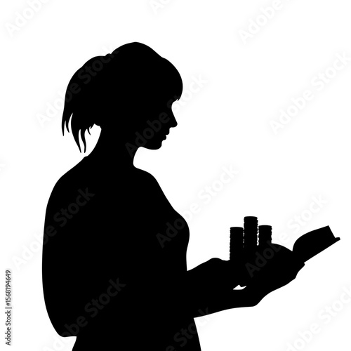 Silhouette of person holding coins and open book, financial planning study concept