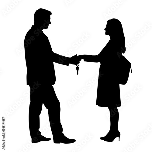 Silhouette of student handing keys to bank figure, financial responsibility concept