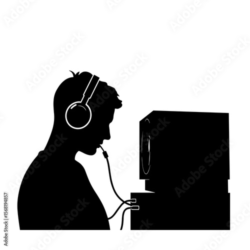 Silhouette of person with headphones at audio setup, private listening concept