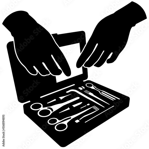Silhouette of surgical tools with gloved hands, medical preparation