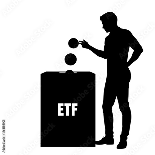 Silhouette of person dropping coin into ETF box, financial investment concept