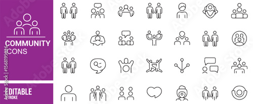 Clean Line Art Community Icons for Networking, Social Interaction, and Discussion
