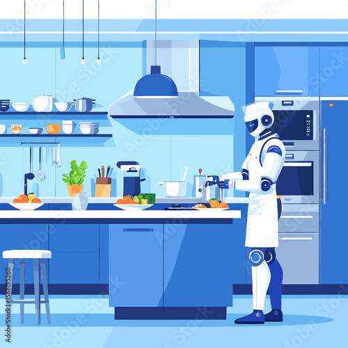 Domestic Robot Chef Preparing Food in Modern Blue and White Kitchen with Island Counter and Cooking Appliances