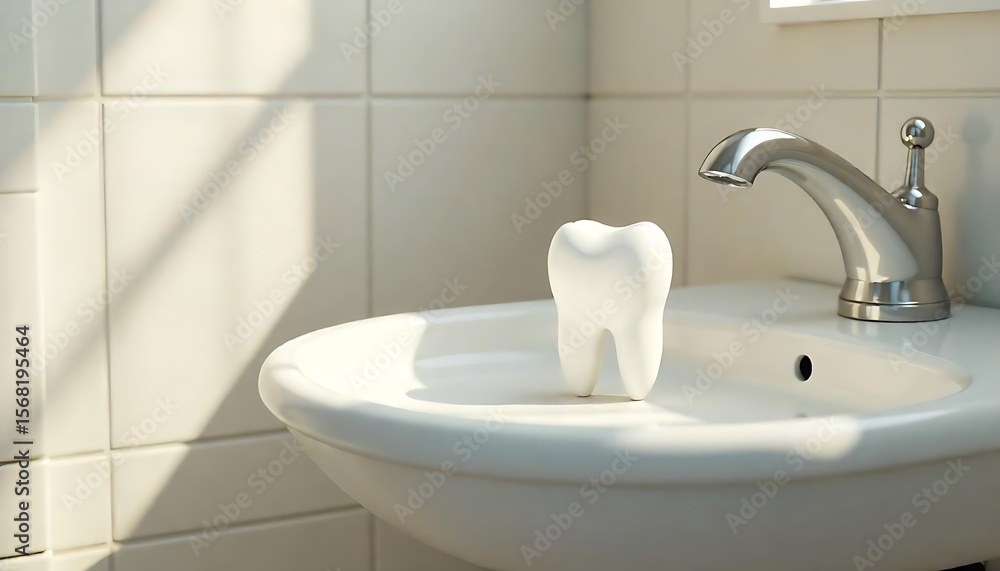 Fototapeta premium 3D Tooth Model in White Bathroom – Symbol of Oral Hygiene and a Healthy SmileDental Health Concept – 3D Tooth in Clean, Modern White Bathroom SettingToothcare Visual – 3D Tooth Model on Bathroom C