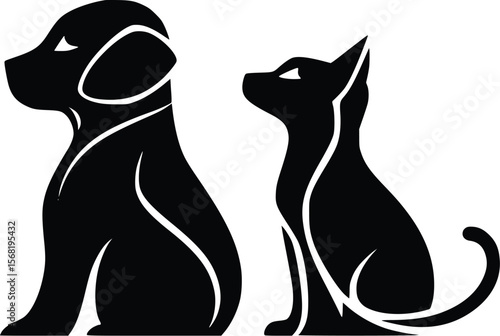 Elegant vector illustration: dog and cat, stylish silhouettes, pet companionship.