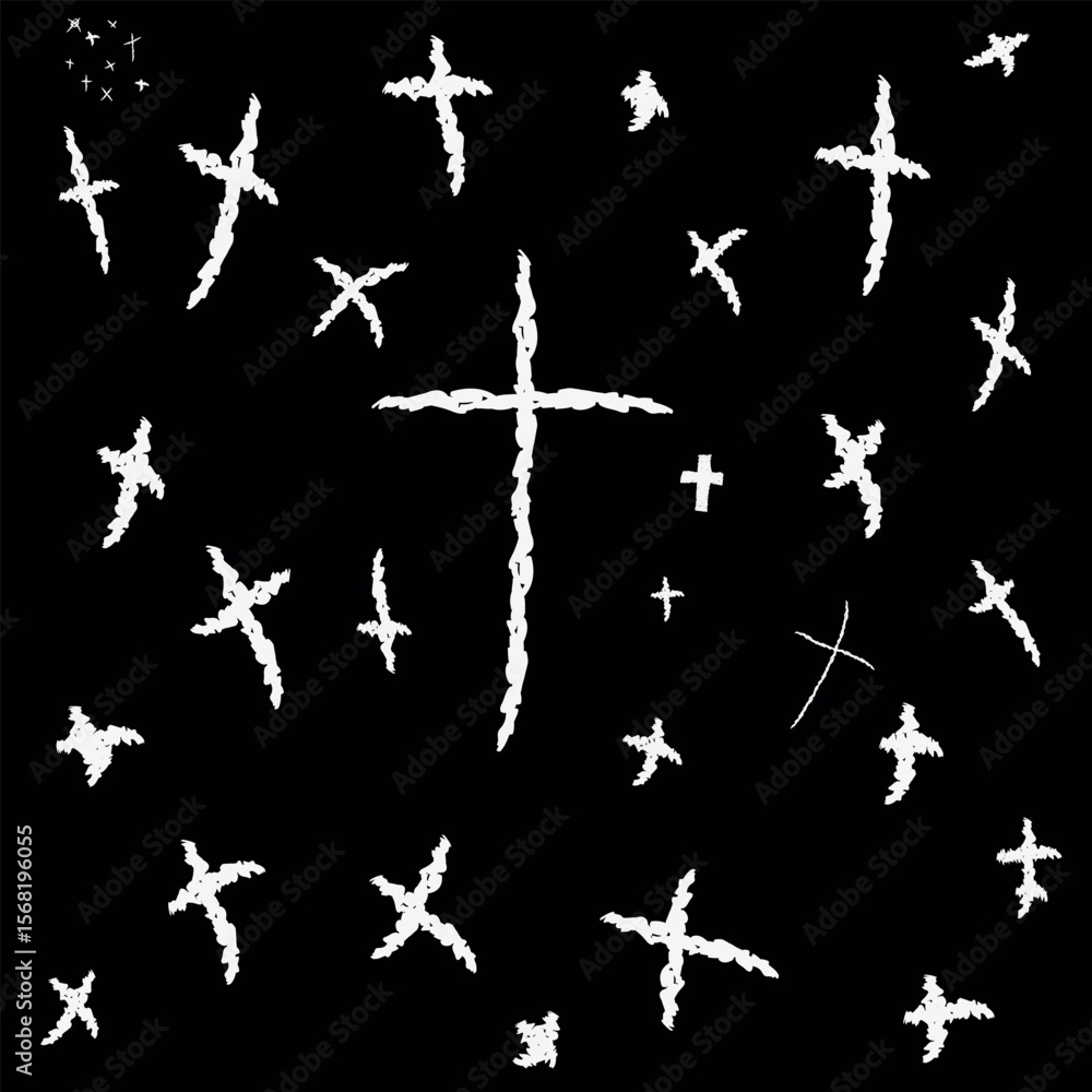 Naklejka premium Array of White Hand-Drawn Crosses on a Dark Background