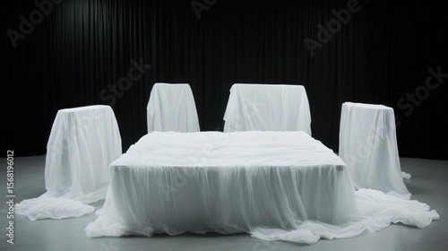 White Draped Furniture in Dark Studio