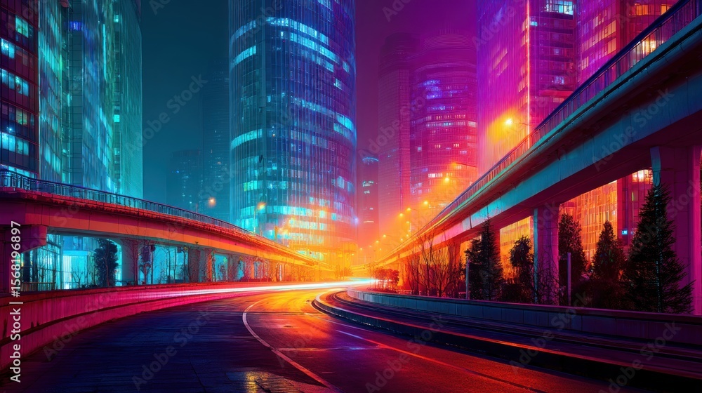 Fototapeta premium Neon lights illuminate a city street at night