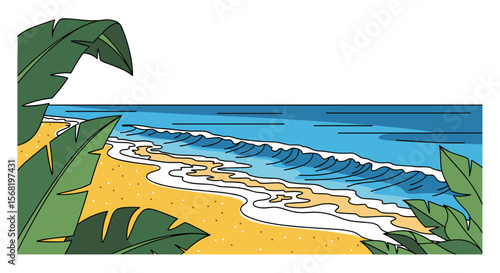 A beautiful tropical beach with palm leaves and gentle ocean waves on a sunny day