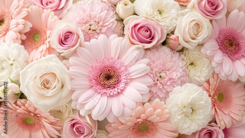 A beautiful arrangement of soft pink and white flowers including roses and gerbera daisies creating a romantic and delicate floral display