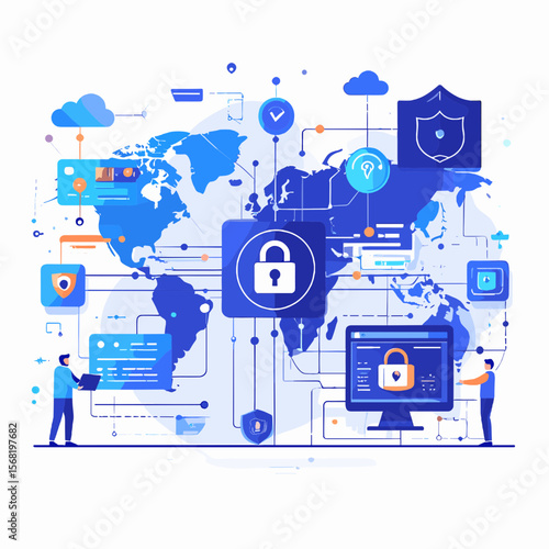 Global Network Security with Blue World Map Data Protection Cloud Computing and Figures Working on Cybersecurity Infrastructure