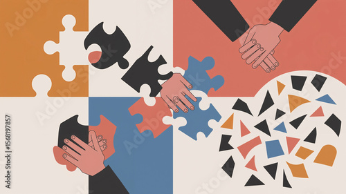 Puzzle pieces being assembled by hands in abstract style  