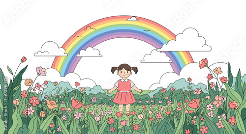 A Little Girl Standing in a Field of Flowers Under a Rainbow With Clouds PNG Transparent Background Isolated