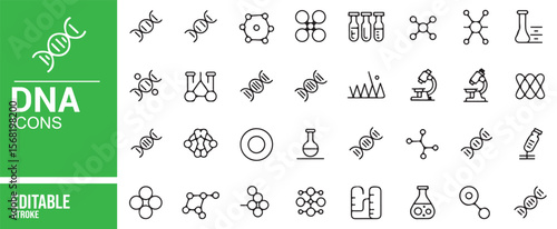 Black Line Art DNA Icons for Biology, Genetics, and Lab Work Illustrations