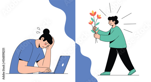 Depressed Person at Laptop Receiving Flowers From Happy Person Offering Gift