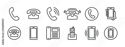 Phone icon set. Contains telephone button, ringing, smartphone, mobile device, call, cell phone, contact, office phone, landline. Telecommunication or communication symbol. Vector illustration