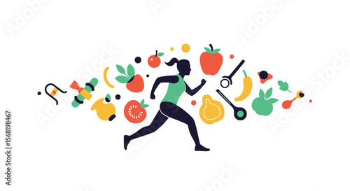 Healthy Lifestyle Woman Runner With Fruits Vegetables And Sports Equipment PNG Transparent Background Isolated