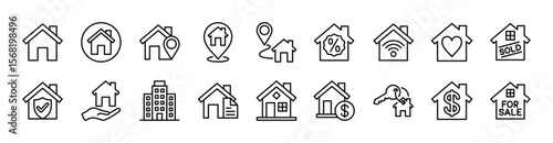Home, house icon set. Contains web button, website, address, map pin location, smart key, route, discount, sale, for sale, real estate, building, price, insurance, residential, legality document