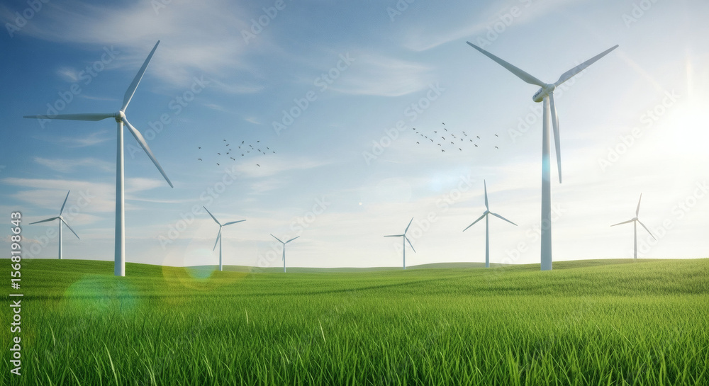 Wind turbines stand in a green field under a blue sky, generating renewable energy with birds flying in the distance. Wind turbines stand in a green field under a blue sky, generating renewable energy with birds flying in the distance.