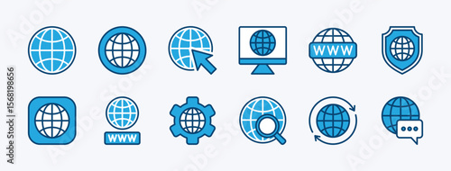 Set of web, website icon. Contains globe, click on contact address, page button, www, searching, internet settings, shield security protection, media social, network, online. Vector illustration