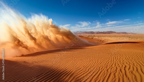 desert sandstorm showing a hazardous weather situation with a large sand avalanche rolling through the desert landscape with ample copy space provided