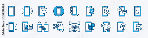 Set of smartphone, mobile phone device, cellular contact icon. Contains ringing, message, security protection, settings, chat, technology, data transfer, network, app, social media, scan, broken