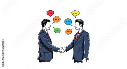 Two businessmen shaking hands with speech bubbles above them representing communication and agreement